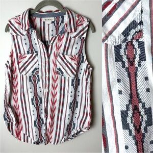Ariat Sleeveless Shirt Size Large Top Aztec Cotton White Blue Red Button Up